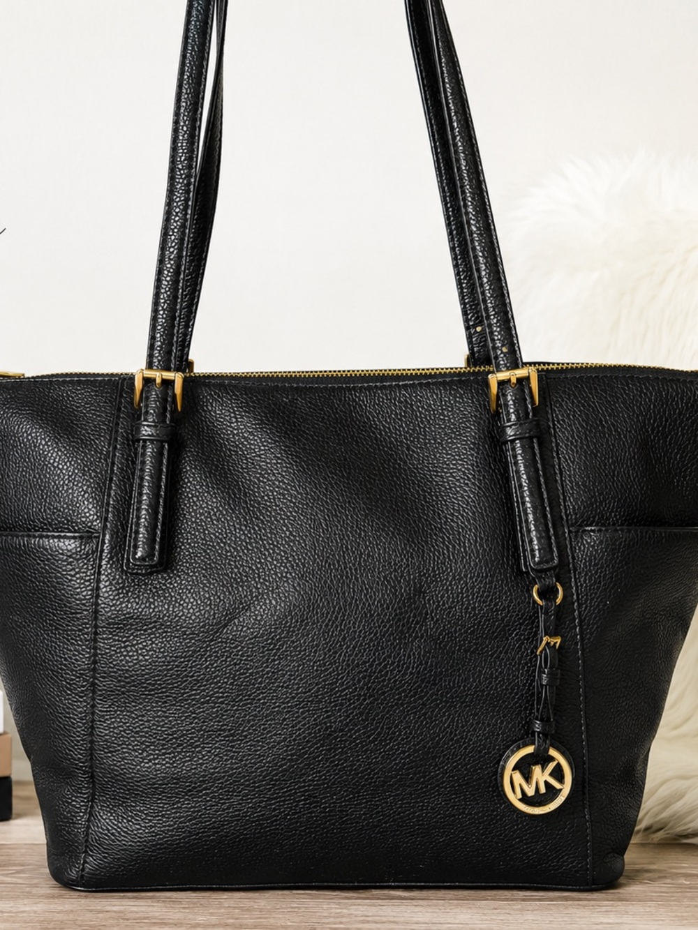 Michael Kors Black Pebbled Leather Tote with Gold MK Charm